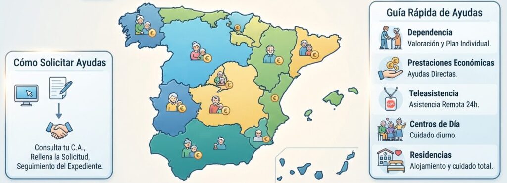 Ayudas cuidado de mayores por Comunidad Autónoma: Guía completa Mapa de España representando las ayudas cuidado de mayores por comunidad autónoma